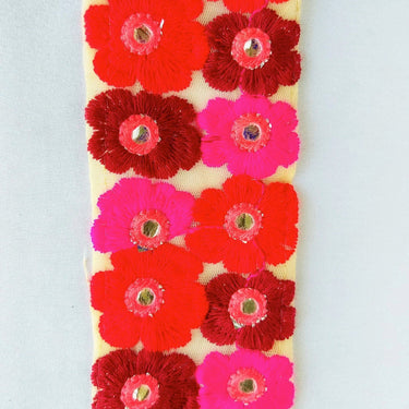 Beige Net Lace Trim In Maroon, Red, Fuchsia Pink And Pink Floral Embroidery And Mirror Embellishments